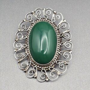 VTG EME 83 Sterling Silver 925 Green Onyx Filigree Brooch Pendant 2" Mexico